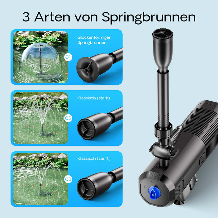 CUP-359 Pompa fontana con UVC 9W, 2000 l/h 45W, 4 giochi d'acqua, Pompa filtro laghetto