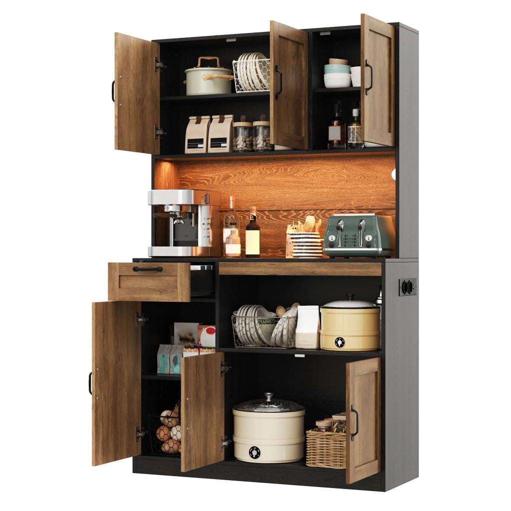 Mobile da cucina con LED RGB; prese USB e ripiani regolabili 110x40x180 cm; MDF naturale e nero