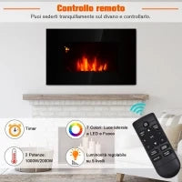 Camino Elettrico da Parete Potenza 1000W/2000W Effetto Fiamma 7 Colori con Telecomando 90 × 9.5 × 56cm
