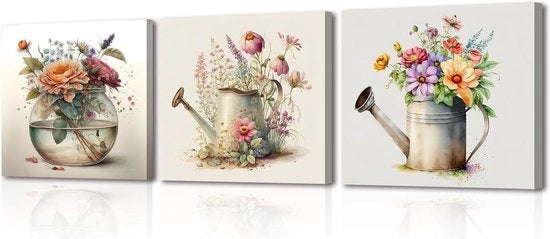 Stampi da parete a tela con fiori in vasi - Set da 3 - Decorazione moderna per camera da letto, cucina, bagno, ingresso - 30 x 30 cm