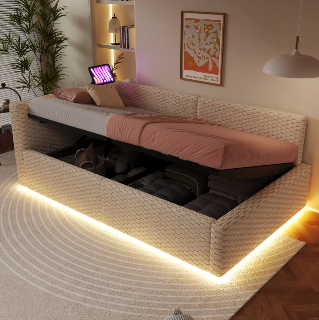 Letto imbottito singolo ULEVR 90x200 cm con contenitore idraulico, LED, 2 USB e Type-C, velluto beige