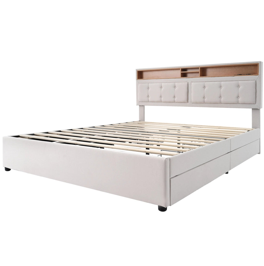 Letto imbottito 140x200 cm con 4 cassetti; USB-C e testiera regolabile; lino beige