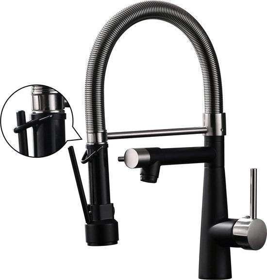 Foglia da cucina con valvola doccia estraibile - 360° girevole - miscelatore a singolo movimento e getto a sospensione - alta pressione - finitura sbalzata nichel e nero