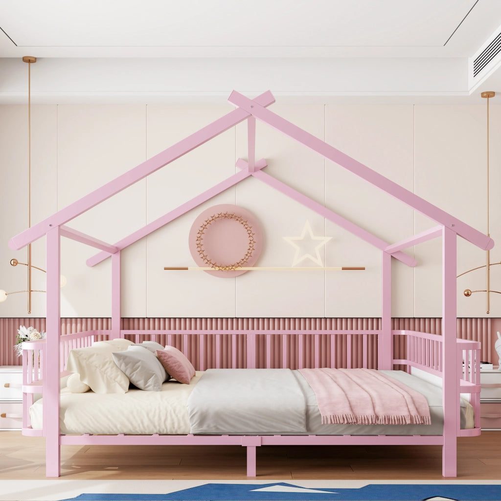 Letto per bambini in metallo con design a casetta 140 x 200 cm, rosa