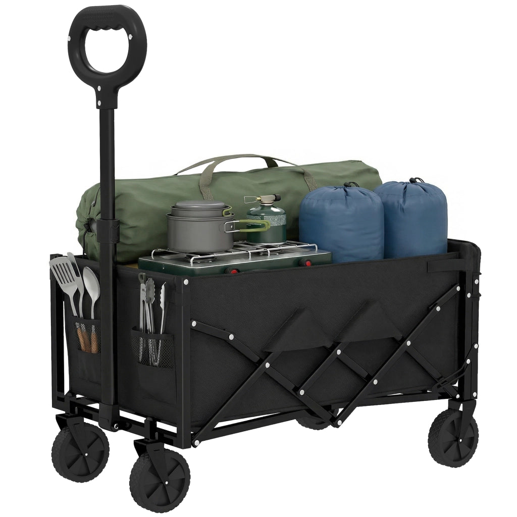 Carrello da Giardino Pieghevole da 60L con Ruote e Lato Apribile. Nero