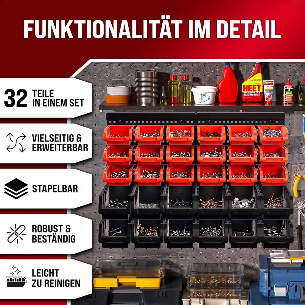 Pannello Preforato Portautensili 32 pz. 95x54cm Box Impilabili Parete Attrezzata Officina Organizer Ampliabile Garage Pannello Porta Attrezzi Parete Pannelli Resistenti Sistema Organizzato
