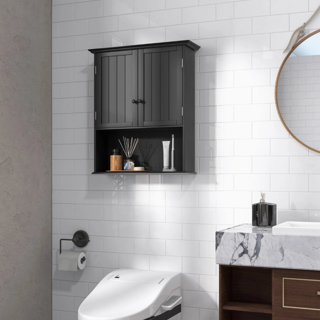 Mobile sospeso da bagno a parete con ante e ripiani-Mobile in legno per cucina camera da letto Nero