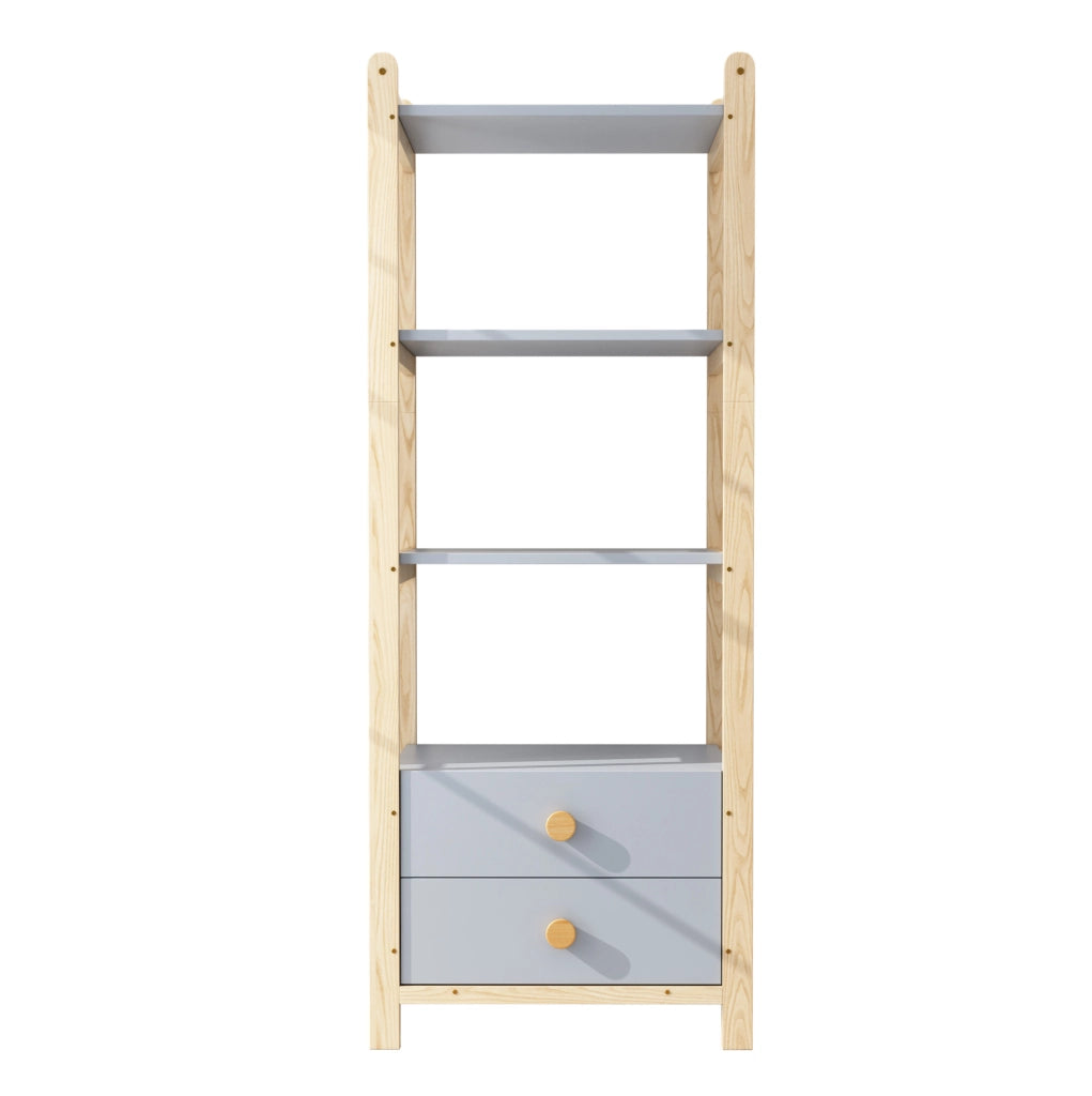 Libreria autoportante blu e legno con 4 ripiani e 2 cassetti, 70x45x180,5 cm
