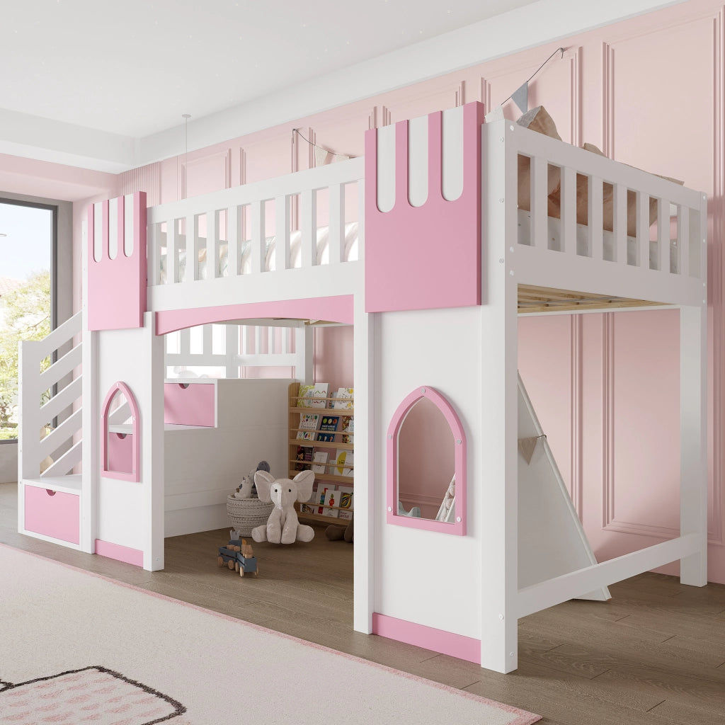 LETTO A SOPPALCO con scala contenitore e finestre 90x200 cm bianco e rosa