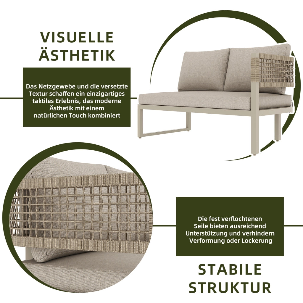 OKWISH Divano da esterno Salotto da giardino con Cuscini Fissi e Piedini Regolabili, Tavolo da Pranzo Metallo Tessuto Beige