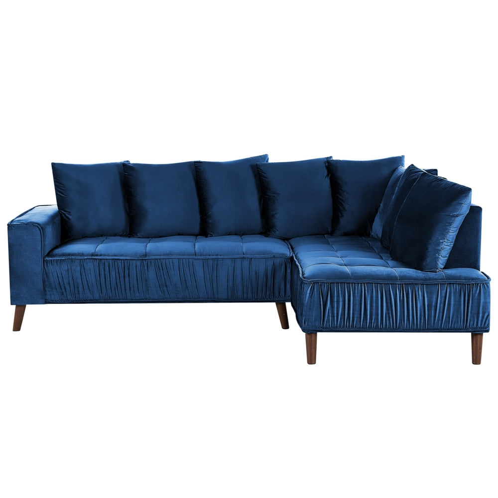 Divano ad angolo cuscini in tessuto di velluto blu navy gambe in metallo con finitura in legno
