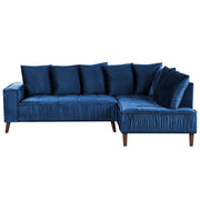 Divano ad angolo cuscini in tessuto di velluto blu navy gambe in metallo con finitura in legno