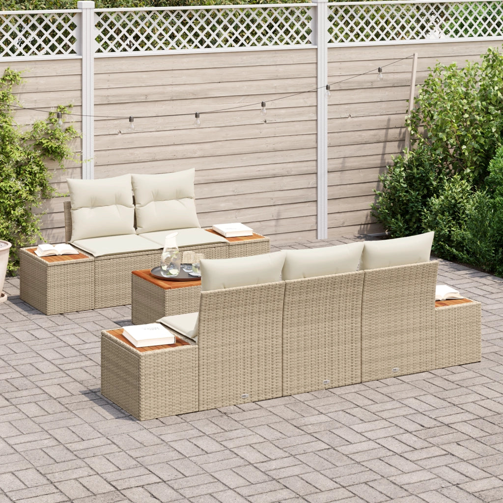 Set di divani da giardino 6 pezzi con cuscini beige in rattan sintetico e acacia