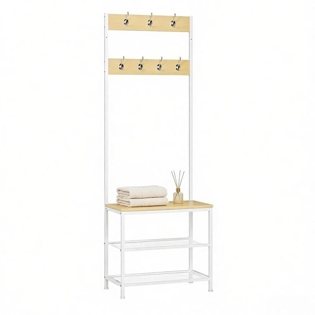 Appendiabiti da ingresso 3 in 1 con scarpiera e panca; 60 x 31;5 x 170 cm; bianco; metallo e legno