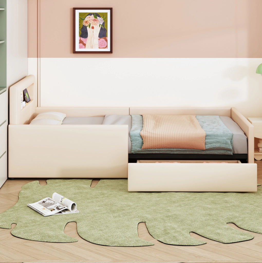 Letto singolo imbottito per bambini 90x200 cm beige con LED e USB