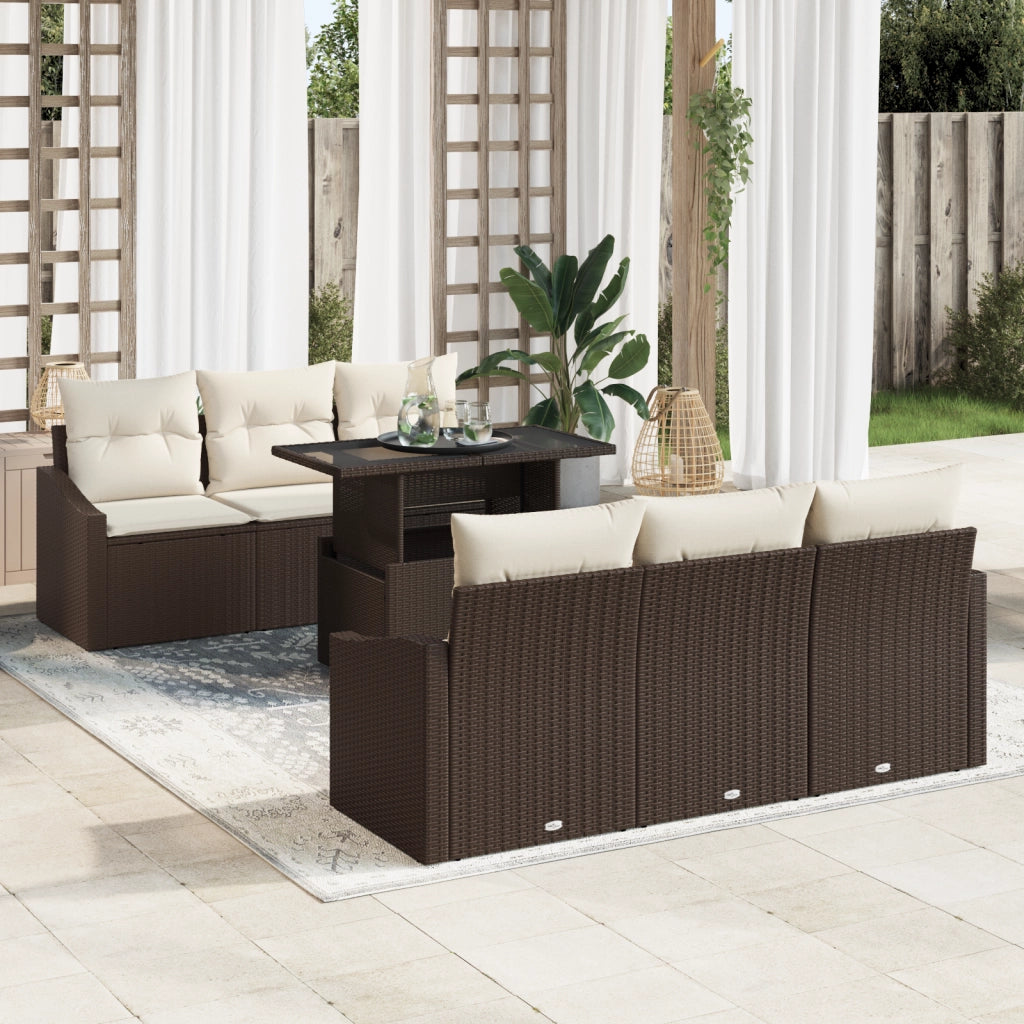 Set di divani da giardino in 7 pezzi con cuscini in polyrattan marrone