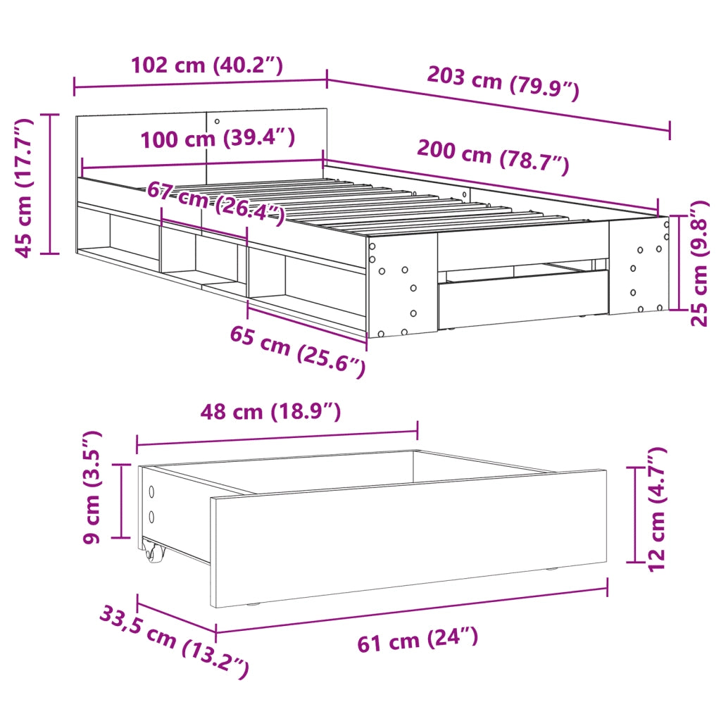 Giroletto con Cassetto Nero 100x200 cm in Legno Multistrato
