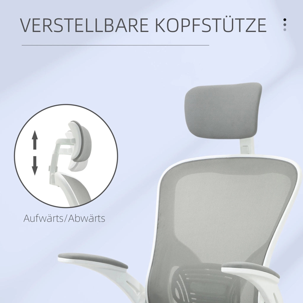 Sedia da ufficio ergonomica con poggiatesta e supporto lombare in plastica grigia 65 × 64 × 114-122 cm