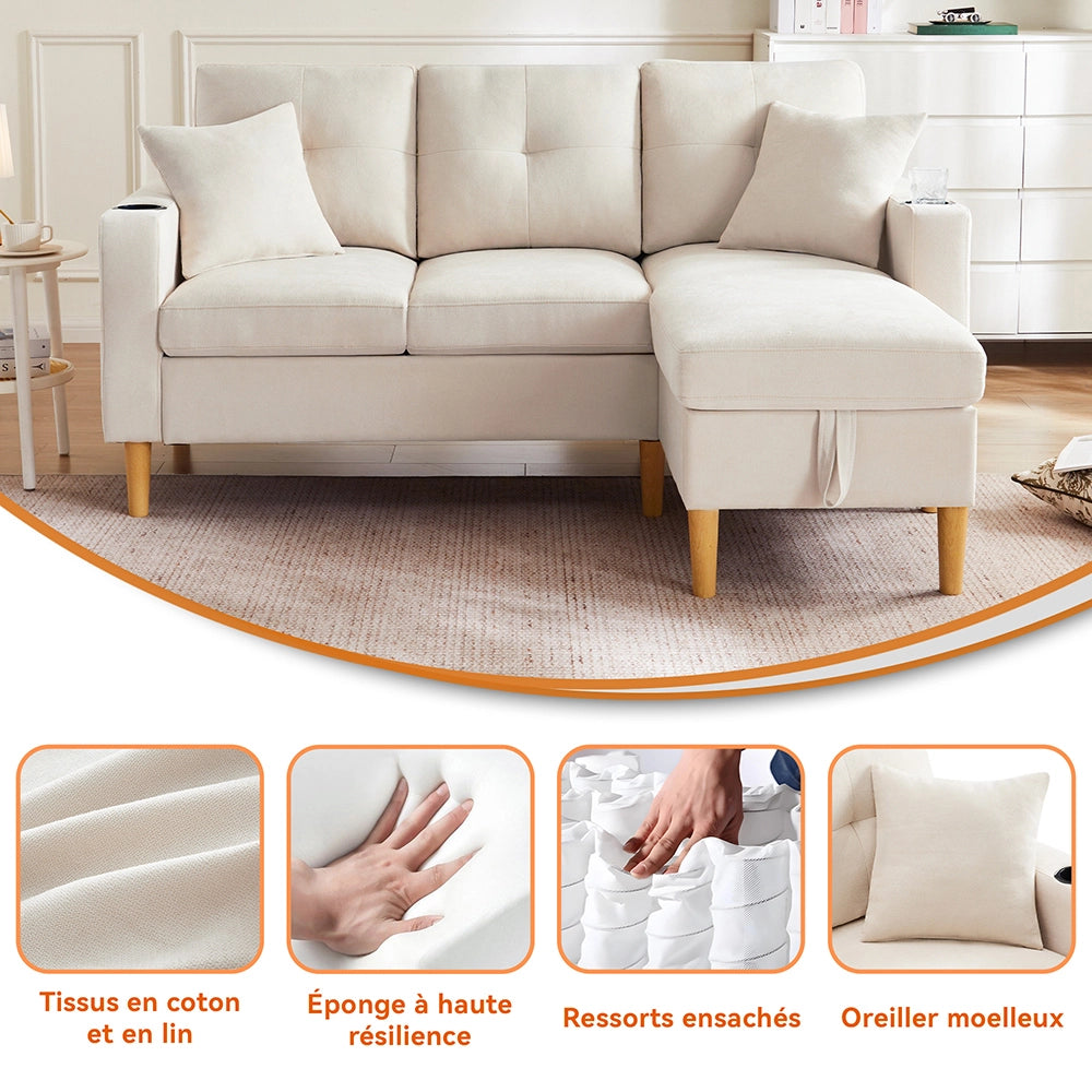 Divano L - Xylo - 3 posti con chaise longue porta-bicchieri