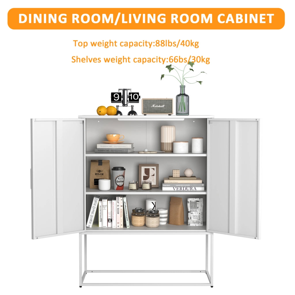 Credenza e madia in metallo con ante magnetiche e 2 ripiani, per cucina e soggiorno, bianco, 85 × 40 × 109 cm