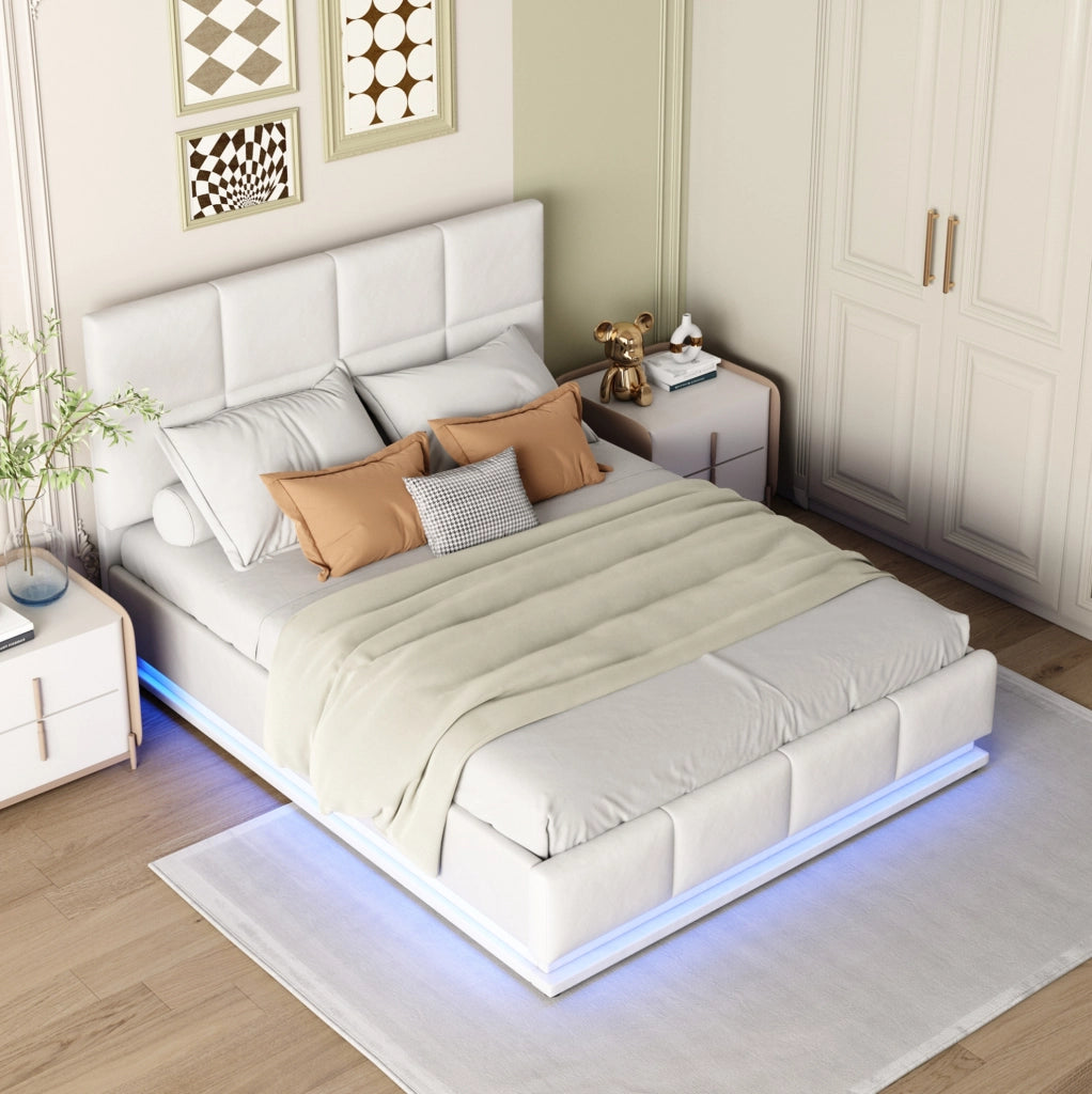 Letto imbottito 140x200 cm con LED, contenitore e struttura sollevabile