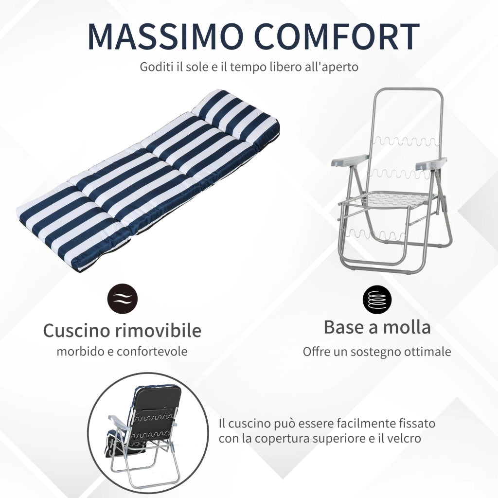 Set 2 Sedie a Sdraio da Giardino Reclinabili con Imbottitura a Righe e Braccioli bianco e blu
