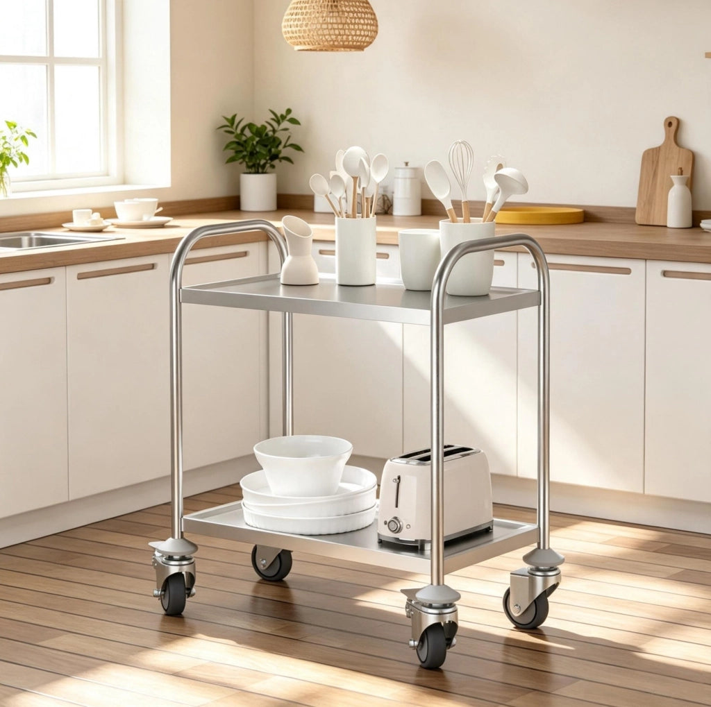 Carrello da cucina in acciaio inox cromato a 2 ripiani