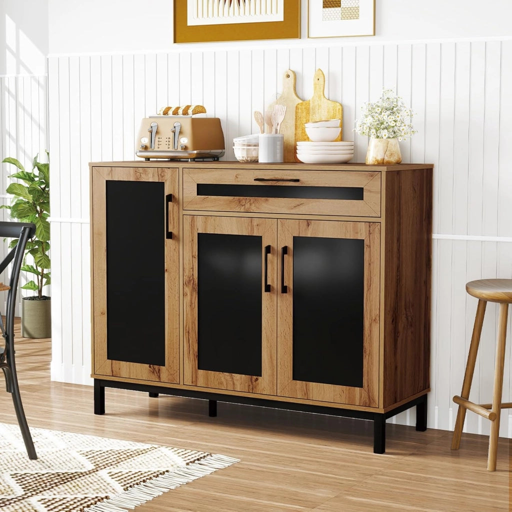 Credenza Buffet da 120 cm, Mobile Bar in Legno con Cassetto, 3 Ante, Ripiani e Gambe in Metallo, Mobile Contenitore in Stile Farmhouse per Cucina, Sala da Pranzo e Soggiorno