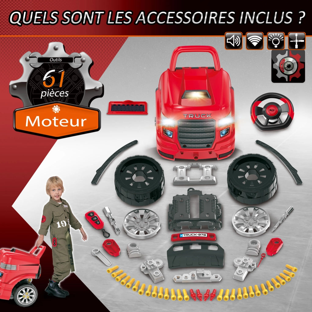 Camion Officina 2 in 1 - Xylo - Banco da Lavoro con 61 Accessori, Luci e Suoni, Rosso