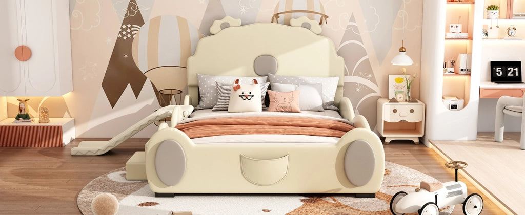 DESMIU Letto per Bambini 140 × 200 cm 2 Posti con Scivolo e Scaletta, Senza Materasso, in PU e MDF, Beige