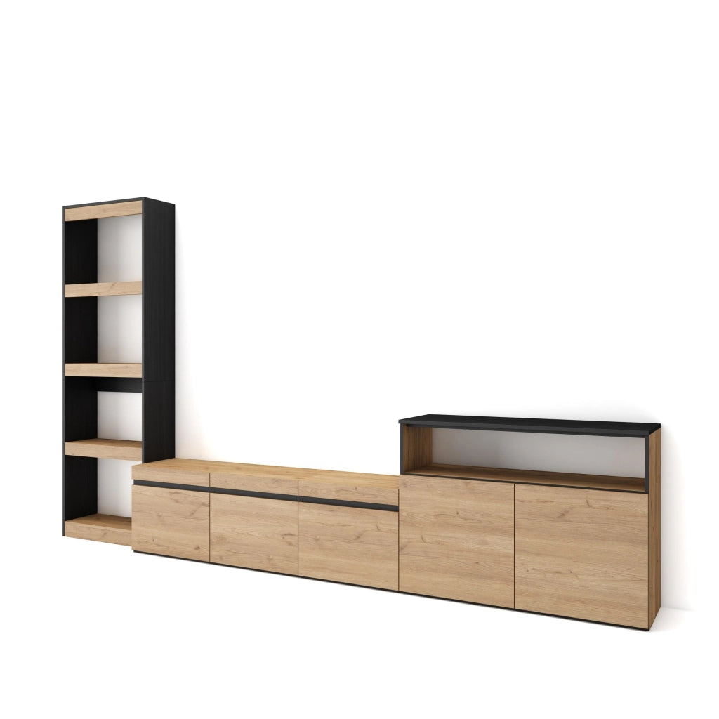 Mobile TV, Soggiorno, 310x35x186cm, Per TV fino a 65", Set di mobili, colore Rovere e nero RF3152