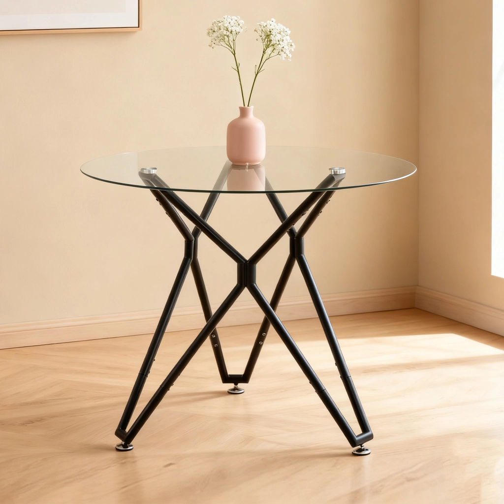 Tavolo da pranzo rotondo in vetro temperato con gambe in metallo per sala da pranzo e soggiorno nero 90 cm