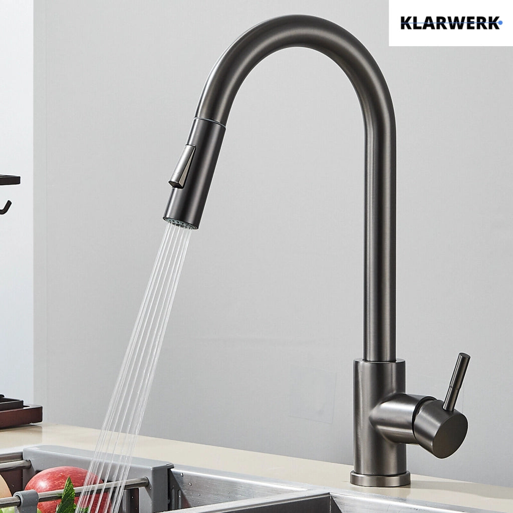JANA | Rubinetto da cucina estensibile Premium in acciaio inox grigio titanio miscelatore arco alto | alta pressione ruotabile a 360° 2 attacchi