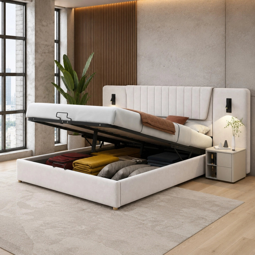 Letto matrimoniale imbottito 180x200 cm in velluto beige con testiera alta; lampade LED e USB