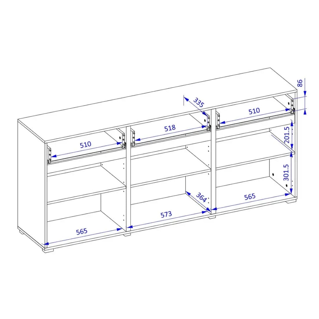 Buffet colori bianco e nero 180cm collezione HAVANA. Credenza di design con 3 porte e 3 cassetti.