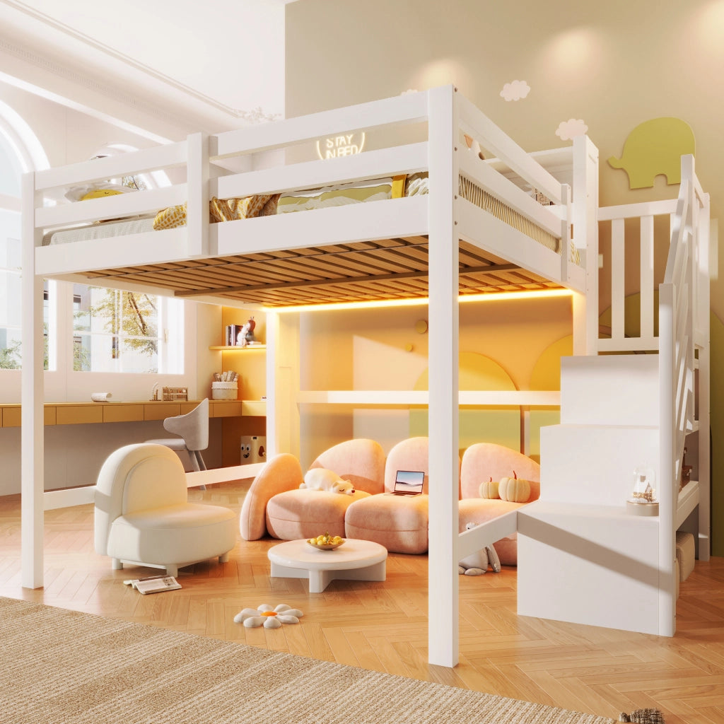 Letto a soppalco 140x200 cm con LED e scala contenitore bianco