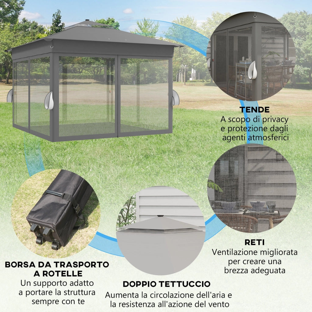 Gazebo da Giardino con Luci LED 336x336x250-270 cm in Acciaio e tessuto Oxford Grigio