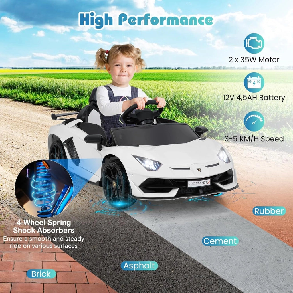 Macchina Elettrica per Bambini Lamborghini SVJ 12V con Telecomando, Auto Elettrico a Pedale e Luci LED, Veicoli con Musica, MP3, Clacson e USB, Carico 30 kg, 3-8 Anni (Bianco)