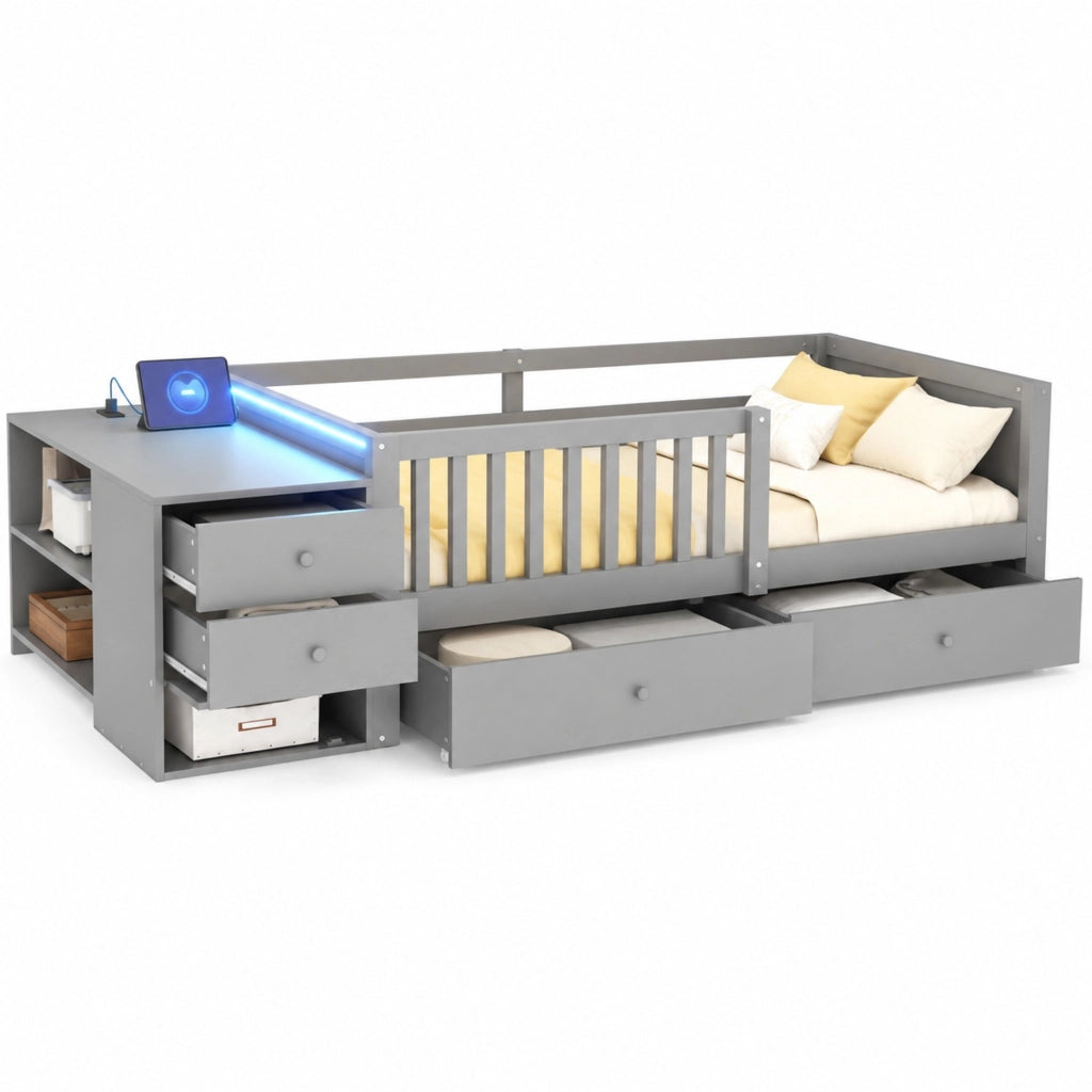 Letto a Soppalco Letto Singolo 90x200 cm; con Cassetti; LED; Presa e Mensole - Grigio