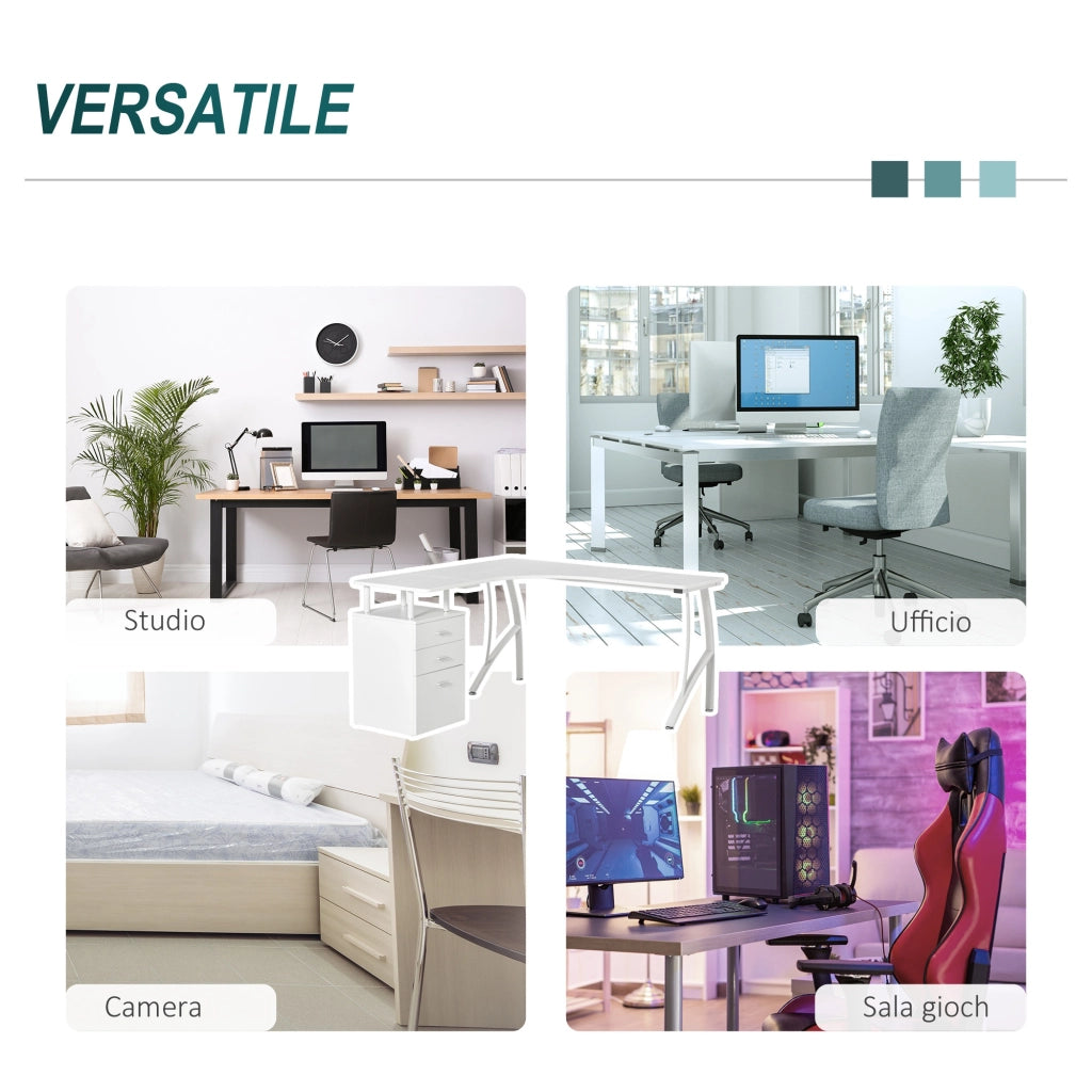 Easycomfort Scrivania Angolare con Cassettiera, Scrivania Ufficio Porta PC in Legno e Metallo, Bianco, 143.5x143.5x76cm