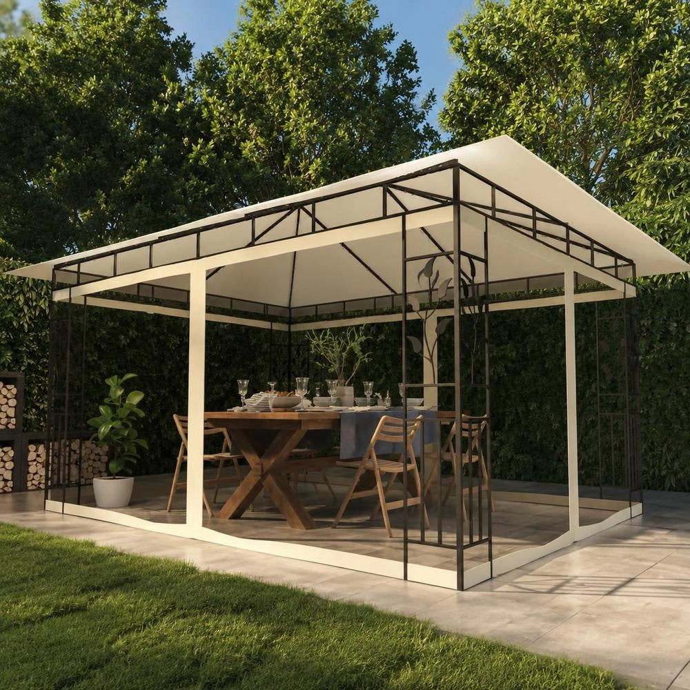 Pavilion With Mosquito Net & LED String Lights 4x3x2.73m Cream White