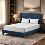 Letto imbottito matrimoniale 140x200 cm in lino blu con rete a doghe e materasso a molle insacchettate