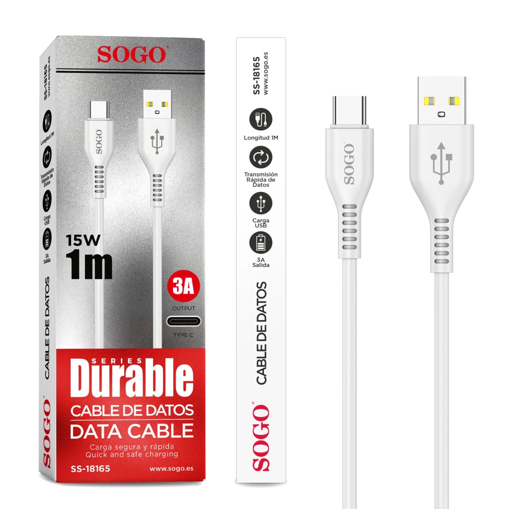 Cavo USB Type-C 1 metro, ricarica rapida 15W, trasmissione dati 3A, connettore reversibile - SOGO