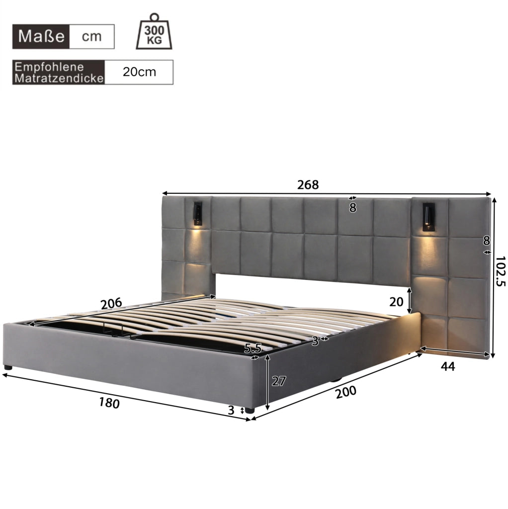 Letto matrimoniale imbottito 180x200 cm grigio con contenitore; lampada da lettura e USB