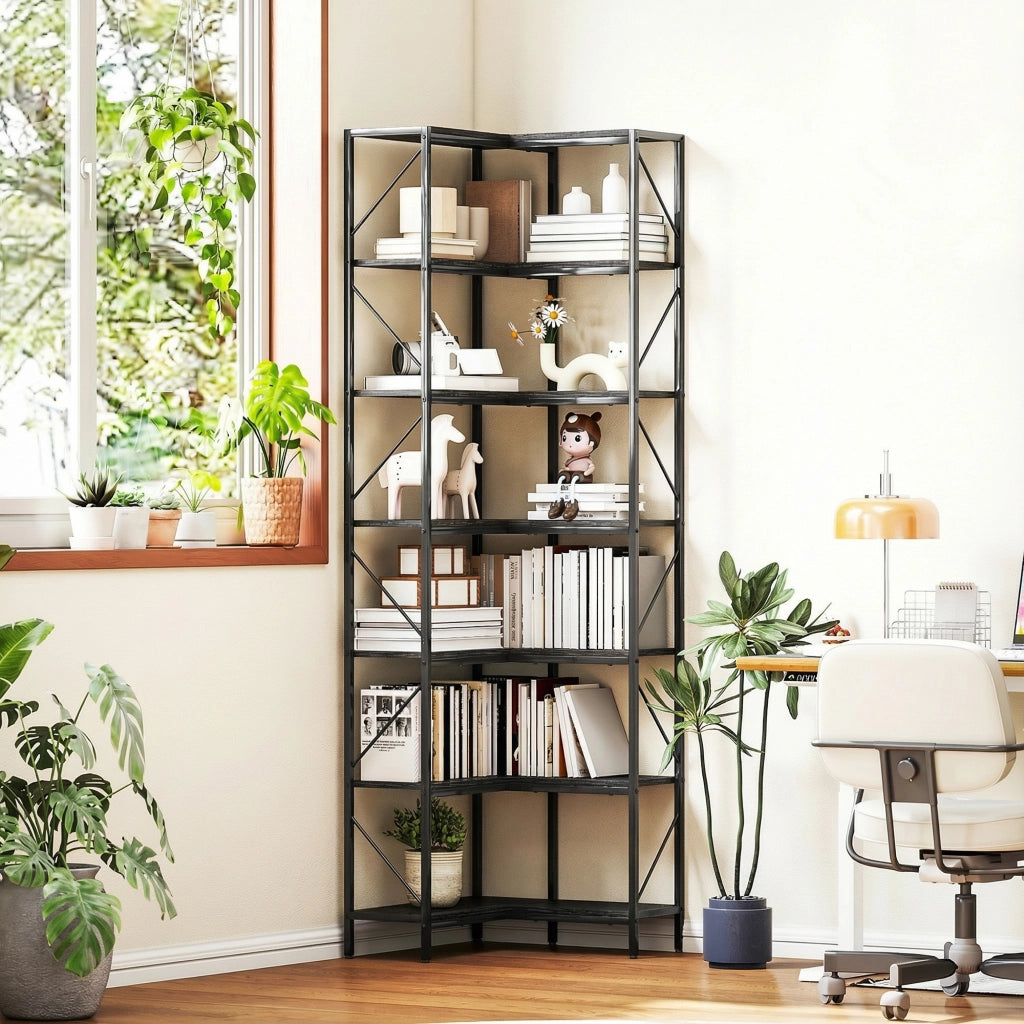 Libreria Angolare 7 Ripiani Scaffale Industriale Effetto Legno ¨C Minimal ¨C Nero