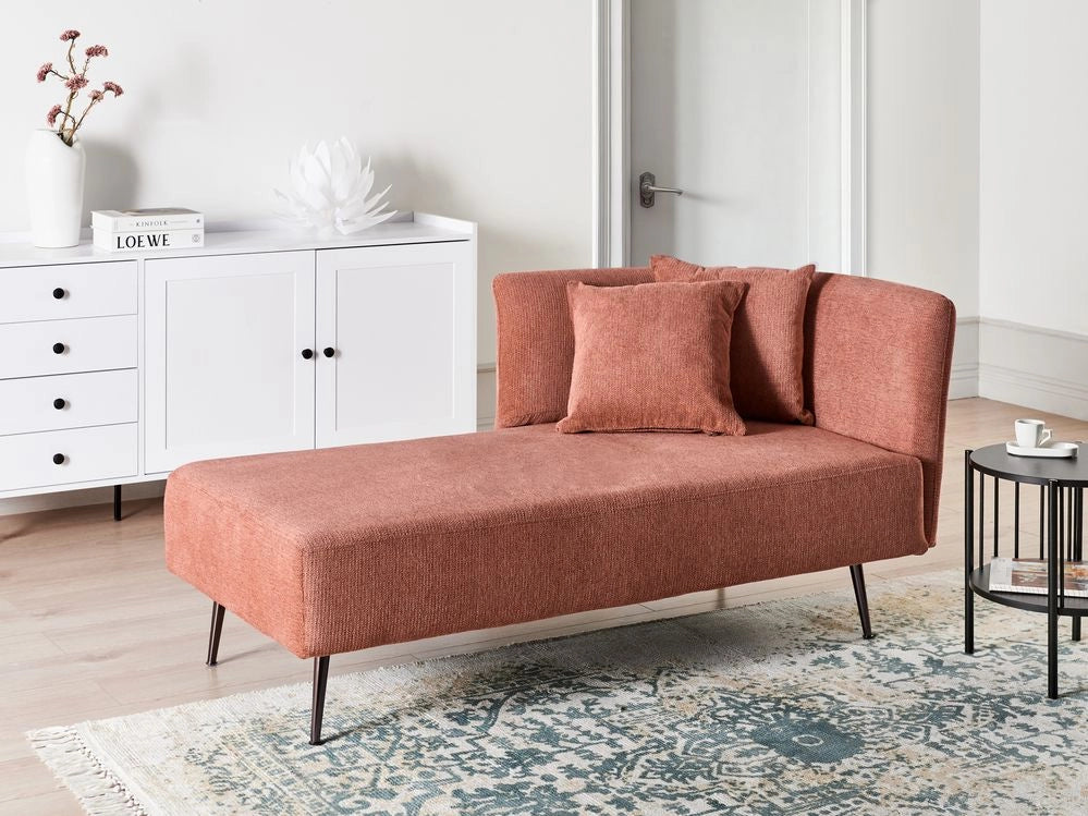 Chaise Lounge Rosso Chiaro Destra in tessuto poliestere con cuscini decorativi Gambe in metallo Soggiorno di design moderno