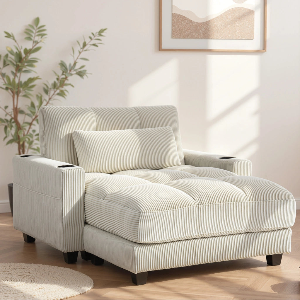 Divano letto con cuscino e porta bicchiere ¨C zephmum ¨C crema, tessuto imbottito, 180x90