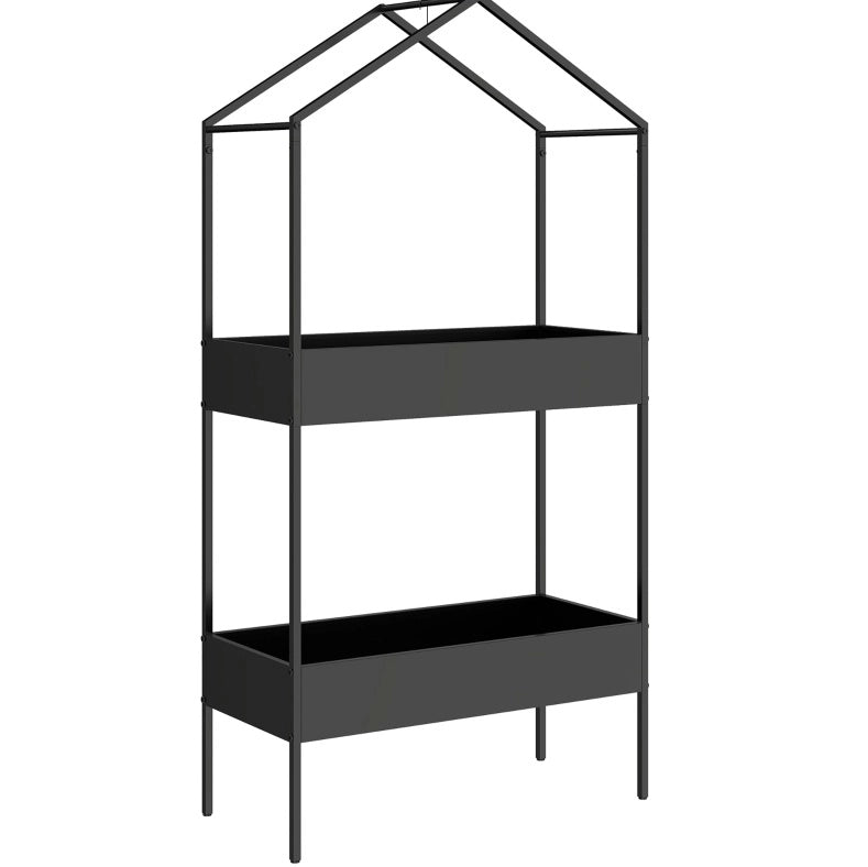 Supporto per Piante a 2 Livelli a Forma di Casa, 150 cm, Metallo Nero con Ganci
