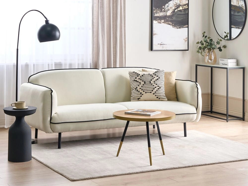 Divano a 3 posti Tessuto beige chiaro Morbido Nubby Gambe in metallo Bordi decorativi neri Stile retro Glam Art Decor