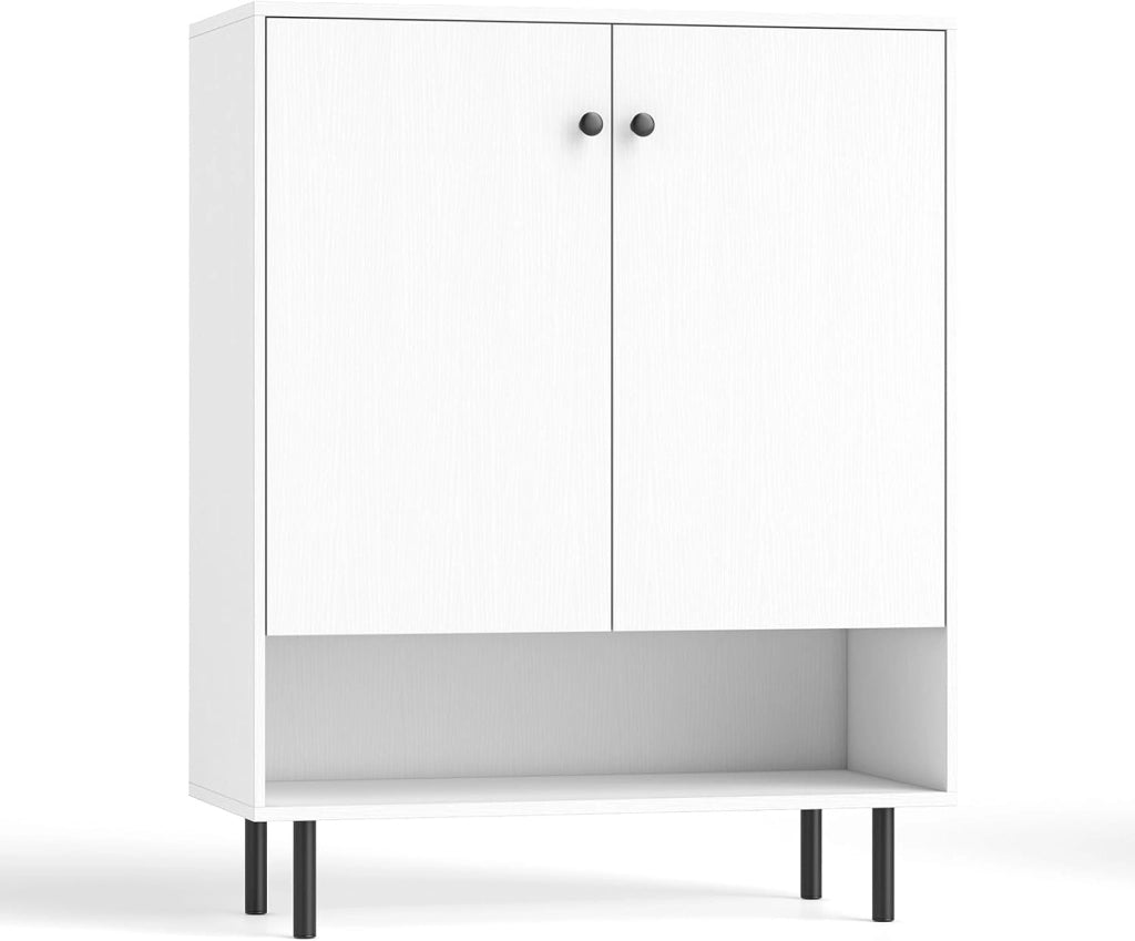 Buffet Soggiorno, Scaffale regolabile in 5 posizioni, scomparto aperto, 2 ante, armadio da cucina, kit antiribaltamento, armadio per ingresso, sala da pranzo, soggiorno, bianco